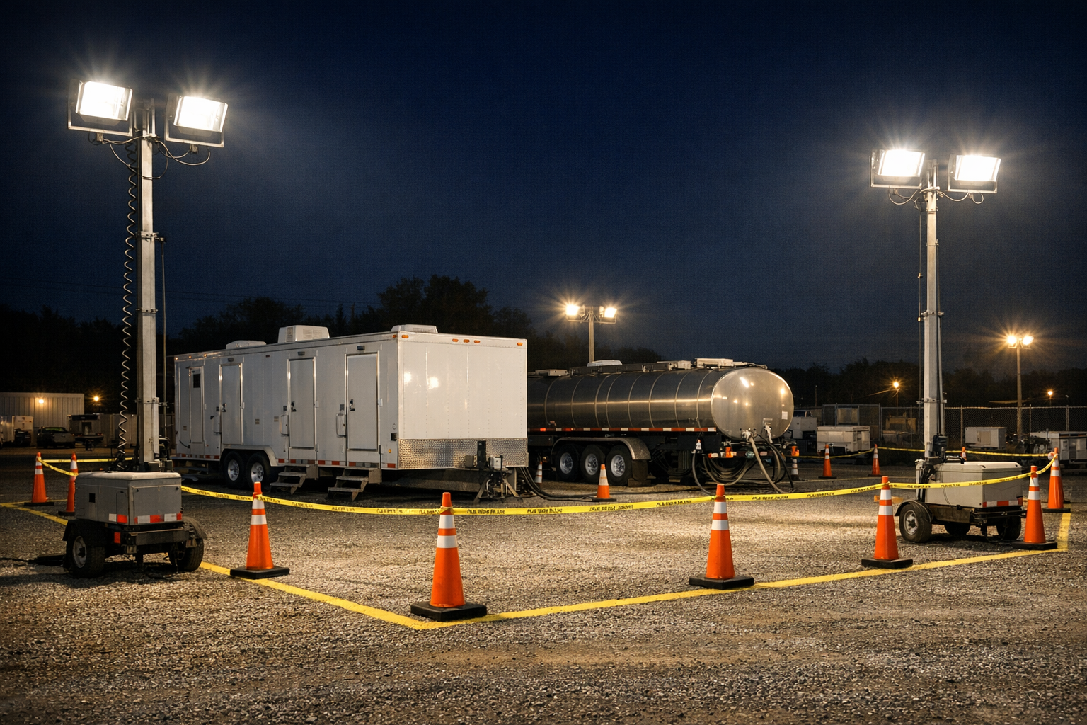 Night operations with lighting and monitored sanitation assets