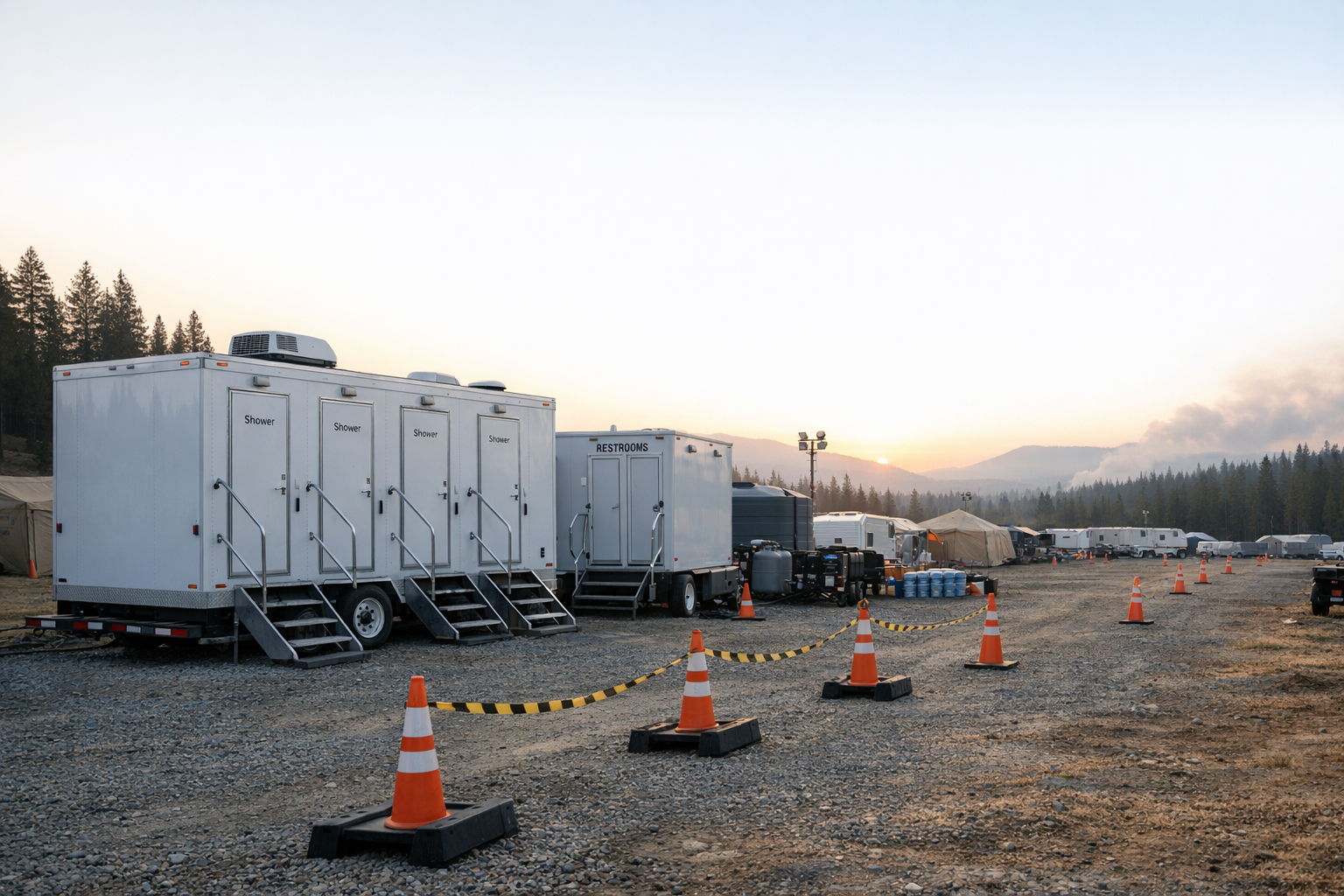 Wildfire incident support camp with sanitation infrastructure